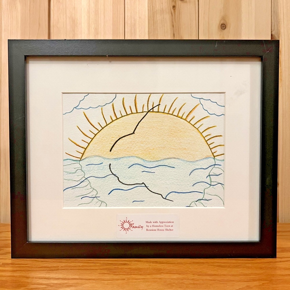 Framed Original Sunrise Ocean Drawing Watercolor Style Art Our Family Reunion